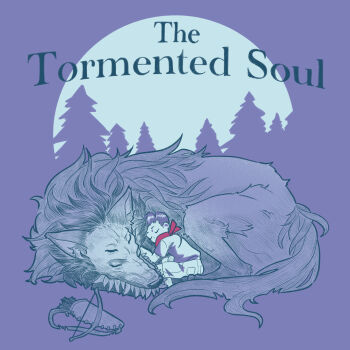 1boy animal artsyantatee august_(fear_&amp;_hunger) blue_theme bow_(weapon) commentary english_commentary english_text extra_eyes fear_&amp;_hunger_(series) fear_&amp;_hunger_2:_termina full_moon highres moon moonless_(fear_&amp;_hunger) oversized_animal pants quiver red_scarf scarf shirt sleeping solo spot_color teeth weapon wolf