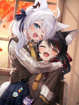 2girls ahoge animal_ear_fluff animal_ears aqua_eyes black_hair blue_ribbon blue_skirt blush braid brown_shirt brown_sweater chair falling_leaves fox_ears fox_girl fox_tail hair_ribbon hand_on_another&#039;s_hip hand_on_another&#039;s_shoulder highres hololive hug indoors leaf long_hair long_sleeves looking_at_viewer multiple_girls necktie on_chair one_eye_closed ookami_mio ookami_mio_(10th_costume) open_mouth orange_eyes orange_necktie pecco_(pecco297) plaid_clothes plaid_skirt pleated_skirt red_hair ribbon school_uniform shirakami_fubuki shirakami_fubuki_(11th_costume) shirt sitting skirt smile sweater tail white_hair wolf_ears wolf_girl
