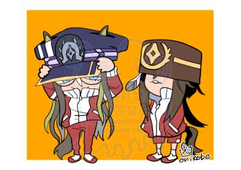 Rule 34 | 2girls, animal ears, blue eyes, blue hat, borrowed clothes, brown hair, brown hat, chibi, chibi only, closed mouth, commentary request, dream journey (umamusume), full body, glasses, hat, horse ears, horse girl, horse tail, jacket, long hair, long sleeves, multicolored jacket, multiple girls, nakayama festa (umamusume), onikobe rin, orange background, oversized hat, pants, peaked cap, pillbox hat, red jacket, red pants, red shoes, shoes, simple background, standing, tail, tracen training uniform, two-tone background, two-tone jacket, umamusume, watermark, white background, white jacket