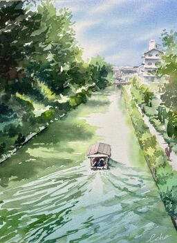 absurdres blue_sky boat commentary_request day echowater highres kyoto no_humans original outdoors real_world_location river scenery signature sky wake_(wave) watercraft