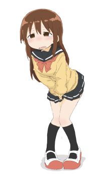 1girl between_legs black_socks blue_sailor_collar blue_skirt blush bowtie brown_eyes brown_hair dripping embarrassed female_focus full_body half-closed_eyes hand_between_legs have_to_pee kneehighs knees_together_feet_apart leaning_forward long_hair miniskirt nose_blush open_mouth original own_hands_together pee peeing peeing_self pigeon-toed pleated_skirt ponnu_(tnpn2yw) red_bow red_bowtie red_shoes sailor_collar shoes sidelocks simple_background skirt socks solo standing sweater v_arms white_background yellow_sweater