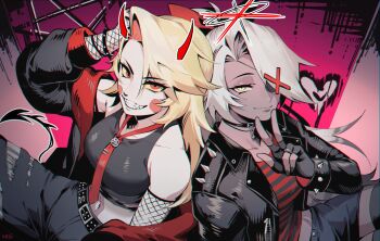 2girls absurdres alternate_costume black_jacket bracelet charlie_morningstar circle_facial_mark colored_sclera colored_skin crop_top demon_girl demon_horns demon_tail eyepatch fingerless_gloves fishnet_gloves fishnets gloves grey_skin hair_over_one_eye halo hazbin_hotel hellaverse highres horns jacket jewelry kazuya_(kozun) loose_necktie multiple_girls necktie off_shoulder pants pink_sclera red_necktie shirt striped_clothes striped_shirt tail tie_clip torn_clothes torn_pants v vaggie yellow_sclera