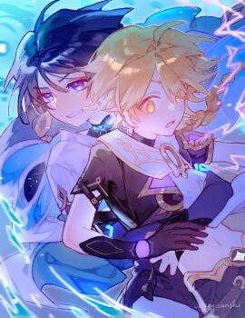 Rule 34 | 2boys, aether (genshin impact), ahoge, arm armor, armor, artist name, belt, black tank top, blonde hair, blue cape, blue hair, blunt ends, braid, bridal gauntlets, bright pupils, brown belt, brown gloves, brown pants, brown shirt, cape, earrings, electricity, eyeshadow, fangs, floating cape, floating hair, genshin impact, gloves, gold trim, hair between eyes, hair ribbon, han'eri, highres, hug, hug from behind, jewelry, long hair, looking down, looking to the side, low-braided long hair, low-tied long hair, magic, makeup, male focus, mandarin collar, midriff, multiple boys, navel, no headwear, open clothes, open shirt, orange eyes, pants, purple eyes, red eyeshadow, ribbon, scaramouche (genshin impact), scarf, shirt, short hair, short sleeves, shoulder armor, single braid, single earring, star (symbol), tank top, teeth, upper body, v-shaped eyebrows, wanderer (genshin impact), white pupils, white ribbon, white scarf, white shirt, yaginori, yaoi