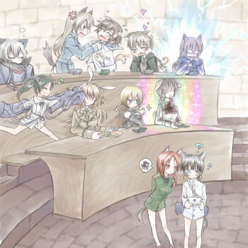 Rule 34 | 501st joint fighter wing, 6+girls, anachronism, anger vein, angry, animal ears, bag, black hair, blonde hair, blood, blue eyes, braid, brown eyes, brown hair, charlotte e. yeager, commentary request, duffel bag, eila ilmatar juutilainen, electricity, erica hartmann, everyone, eyepatch, female focus, francesca lucchini, gendou pose, gertrud barkhorn, glasses, handheld game console, hands clasped, heart, heaven condition, indoors, long hair, lynette bishop, military, military uniform, minna-dietlinde wilcke, miyafuji yoshika, multiple girls, nintendo ds, nosebleed, orange hair, own hands clasped, own hands together, pantyhose, perrine h. clostermann, pillow, ponytail, purple eyes, rabbit girl, rainbow, sakamoto mio, sanya v. litvyak, silver hair, single braid, sitting, sleeping, sparkle, squiggle, standing, strike witches, tail, twintails, white pantyhose, world witches series, yukimochi (yume)