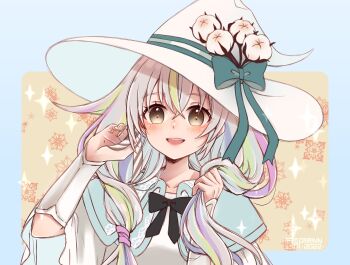 Rule 34 | 1girl, apririnn, aqua capelet, black bow, black bowtie, bow, bowtie, capelet, commentary, commission, dress, english commentary, green bow, green hair, grey eyes, grey hair, hat, hat bow, highres, holding, holding own hair, indie virtual youtuber, long hair, looking at viewer, multicolored hair, open mouth, pink hair, shirahane chiya (vtuber), skeb commission, smile, solo, streaked hair, upper body, vambraces, virtual youtuber, white dress, white hat, witch hat