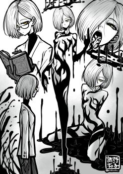 1girl absurdres book breasts commentary_request commission completely_nude expressionless glasses hair_over_one_eye halo highres holding holding_book jacket looking_at_viewer monster_girl multiple_views nazo_no_diaboro nude open_mouth original short_hair slime_(substance) small_breasts spot_color tongue tongue_out yellow_eyes