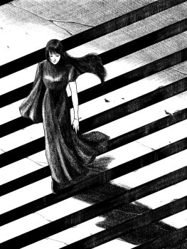1girl black_dress black_hair crack cracked_floor dress floating_hair from_above greyscale hair_floating_upwards highres long_hair monochrome on_stairs original solo stairs tp_p_pt