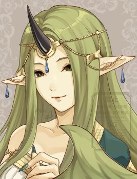 1girl ak_87_kt dragon_girl fingernails fire_emblem fire_emblem_echoes:_shadows_of_valentia green_eyes green_hair green_nails highres horns long_hair mila_(fire_emblem) nail_polish nintendo pointy_ears sharp_fingernails single_horn solo very_long_fingernails