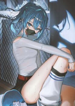 1girl belt black_skirt blue_eyes blue_hair breasts brown_belt chain-link_fence clothing_cutout commentary_request double-parted_bangs fence hair_between_eyes highres hololive hoshimachi_suisei hoshimachi_suisei_(11th_costume) knee_up leg_warmers long_sleeves looking_at_viewer mask miniskirt mouth_mask official_alternate_costume ponytail sanada_keisui shirt shirt_tucked_in short_hair shoulder_cutout sidelocks sitting skateboard skirt small_breasts solo star_(symbol) star_in_eye symbol_in_eye takoyaki_(hoshimachi_suisei) turtleneck virtual_youtuber white_leg_warmers white_shirt