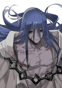 1boy azrael_(grand_assassin)_(fate) black_eyes blue_hair chain closed_mouth colored_skin commentary_request expressionless fate/grand_order fate_(series) grey_skin hair_between_eyes hair_ornament highres long_hair long_hair_between_eyes looking_at_viewer male_focus rkp scar scar_on_chest scar_on_face simple_background solo toned toned_male upper_body white_background