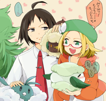 ... 1girl 2boys 310_(satopoppo) ahoge bad_id bad_pixiv_id bianca_(pokemon) black_hair blonde_hair cheren_(pokemon) collared_shirt cottonee fluffy gen_3_pokemon gen_5_pokemon green_eyes green_hair green_hat hat heart multiple_boys n_(pokemon) necktie nintendo pokemon pokemon_bw2 red_necktie shirt smile swablu translation_request whimsicott white_shirt