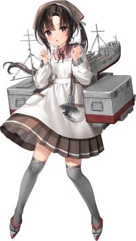 1girl apron artist_request bad_link bandana black_hair brown_bandana brown_skirt collared_shirt cooler full_body geta grey_thighhighs kantai_collection kappougi long_hair looking_at_another machinery nosaki_(kancolle) official_art pink_shirt pleated_skirt red_eyes shirt side_ponytail skirt solo standing thighhighs transparent_background