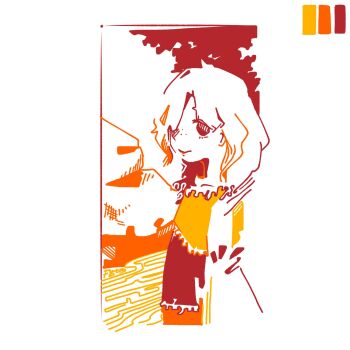 Rule 34 | 1girl, 3ma can omochi, arm at side, closed mouth, color guide, commentary, dress, flat chest, flat color, from side, highres, limited palette, looking at viewer, looking to the side, medium hair, sakata nemuno, smile, solo, touhou, upper body, white background