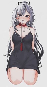 Rule 34 | 1girl, absurdres, alternate costume, animal collar, arms behind back, bare shoulders, black hair, black nightgown, blush, breasts, chain, chain leash, cleavage, collar, commentary, grey eyes, grey hair, hair between eyes, highres, hololive, hololive indonesia, lace trim, large breasts, leash, leash in mouth, looking at viewer, mouth hold, multicolored hair, nightgown, ponytail, red collar, saltdcrmell, seiza, sitting, sleepwear, solo, symbol-only commentary, two-tone hair, vestia zeta, virtual youtuber