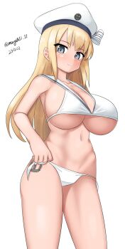 1girl absurdres anchor_ornament bikini bismarck_(kancolle) blonde_hair blue_eyes breasts cosplay dated feet_out_of_frame hat highres kantai_collection large_breasts long_hair looking_at_viewer lowleg lowleg_bikini maru_(marg0613) one-hour_drawing_challenge sailor_bikini sailor_collar sailor_hat side-tie_bikini_bottom smiley_face solo standing swimsuit twitter_username white_bikini white_hat white_sailor_collar z3_max_schultz_(kancolle) z3_max_schultz_(kancolle)_(cosplay) z3_max_schultz_(swimsuit)_(kancolle)