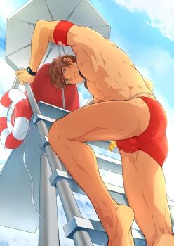 Rule 34 | 1boy, abs, bara, barefoot, beach, blush, bulge, lifeguard, looking at viewer, male focus, muscular, nipples, outdoors, pectorals, pov, public indecency, topless male, solo, sweat