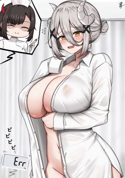2girls absurdres black_hair blush breasts closed_eyes collared_shirt commentary cowboy_shot curled_horns double-parted_bangs double_bun dress_shirt english_commentary fang grey_hair hair_between_eyes hair_bun hair_ornament hat highres holding holding_syringe horns huge_breasts long_hair_between_eyes long_sleeves looking_at_viewer mole mole_on_breast multiple_girls naked_shirt navel nurse nurse_cap open_clothes open_mouth open_shirt original raised_inner_eyebrows shirt short_hair skin_fang sleeves_past_fingers sleeves_past_wrists smile solo_focus syringe weight white_horns white_shirt x_hair_ornament yellow_eyes yuka_(yukaraishin) yukaraishin