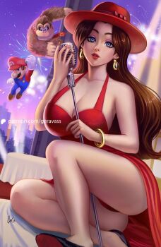 1girl 2boys ass bare_shoulders bracelet breasts brown_fur brown_hair building dawn donkey_kong donkey_kong_(series) dress earrings facial_hair fighting geravass gorilla hat highres jewelry large_breasts mario mario_(series) microphone multiple_boys mustache necktie nintendo overalls pauline_(mario) rivalry shoes sleeveless super_mario_odyssey table tablecloth thong