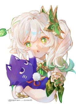 1girl animal animalization armlet bracelet bright_pupils cat colored_tips commentary_request cropped_torso cross-shaped_pupils detached_sleeves eyelashes feathers gem genshin_impact gold_armlet gold_bracelet green_eyes green_gem green_hair green_sleeves hair_ornament holding holding_animal holding_cat jewelry leaf leaf_hair_ornament looking_at_animal maaruku00o multicolored_hair nahida_(genshin_impact) open_mouth pointy_ears pom_pom_(clothes) purple_cat scaramouche_(cat)_(genshin_impact) scaramouche_(genshin_impact) symbol-shaped_pupils twitter_username white_background white_hair white_pupils yellow_feathers