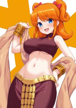 1girl absurdres belt blue_eyes blush bow bracelet breasts cleavage girlfriend_(kari) hand_on_own_hip highres jewelry medium_breasts midriff navel open_mouth orange_hair red_bow sagara_emi standing underboob user_nsmt4358