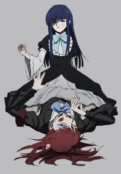 2girls armband black_dress blood blood_on_face blood_on_hands blue_bow blue_hair bow clenched_hand commentary_request crying dress frederica_bernkastel frills grey_background hair_bobbles hair_ornament long_hair multiple_girls nasu_(nasuotabe) nosebleed one_eye_closed raised_fist red_armband red_hair scared simple_background straddling tears two_side_up umineko_no_naku_koro_ni ushiromiya_ange violence