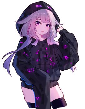 1girl :o black_thighhighs character_hood clulless commentary cropped_legs enderman english_commentary grey_hair hair_flaps highres hololive hololive_english hood hood_up hoodie jewel_under_eye koseki_bijou long_hair long_sleeves looking_at_viewer minecraft purple_eyes simple_background sleeves_past_fingers sleeves_past_wrists solo thighhighs virtual_youtuber white_background