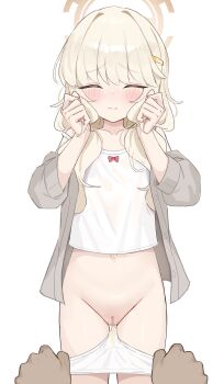 1girl absurdres aoba_(blue_archive) blonde_hair blue_archive blush camisole cardigan censored closed_eyes closed_mouth halo highres loli long_hair mosaic_censoring navel panties panty_pull pee_stain shengtian simple_background solo_focus stained_panties underwear variant_set white_background white_camisole white_panties