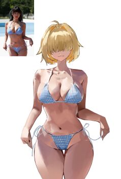 1girl aoyama_hikaru bikini blonde_hair facing_viewer hair_over_eyes navel original ppangchil reference_photo reference_sheet short_hair standing swimsuit