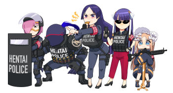 1boy 4girls abigail_williams_(fate) absurdres alternate_costume armlet assault_rifle ballistic_shield berserker_(fate/zero) black_footwear blowing_whistle blue_eyes blush body_armor breasts bulletproof_vest coat fate/grand_order fate_(series) fingerless_gloves gloves gun hair_over_one_eye hair_ribbon hand_on_own_hip helmet high_heels highres jewelry lancelot_(fate/grand_order) large_breasts martha_(fate) mash_kyrielight mask minamoto_no_raikou_(fate) monkey_jon multiple_girls pants parted_bangs pink_hair pointing police police_badge police_uniform policewoman purple_eyes purple_hair red_pants ribbon rifle riot_helmet shield simple_background standing sunglasses vest wavy_mouth weapon white_background white_headwear
