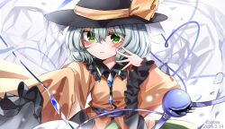 Rule 34 | 1girl, 2024, absurdres, artist name, black hat, blush, buttons, closed mouth, collared shirt, commentary request, dated, dated commentary, diamond button, frilled shirt collar, frilled sleeves, frills, green eyes, green hair, green skirt, hair between eyes, hat, hat ribbon, heart, heart of string, highres, koishi day, komeiji koishi, long sleeves, outstretched arm, ribbon, shirt, short hair, skirt, smile, solo, third eye, top-exerou, touhou, upper body, wide sleeves, yellow ribbon, yellow shirt