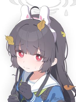 1girl animal_ears blue_archive blue_serafuku bright_pupils commentary fake_animal_ears gloves green_neckerchief grey_halo halo highres leaf leaf_on_head long_hair long_sleeves looking_at_viewer millet_pepper miyu_(blue_archive) neckerchief red_eyes sailor_collar school_uniform serafuku simple_background solo untranslatable_commentary white_background white_sailor_collar
