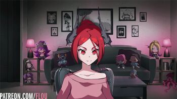 >_< 1girl animated animated_gif body_writing bouncing_breasts breasts character_doll clothes_lift commentary demon_girl doll fangs flashing flou_(flou_art) horns large_breasts milestone_celebration navel nipple_piercing nipples no_bra original piercing presenting_breasts red_hair rinn_(flou) short_hair smile solo sweater sweater_lift undressing