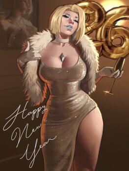 1girl alternate_costume aqua_eyes blonde_hair blue_eyeshadow blue_lips breasts brown_background champagne_flute chest_jewel choker cleavage commentary cup cursive dress drinking_glass earrings elbow_gloves emma_frost english_commentary english_text eyeshadow fur_shawl gloves gold_dress happy_new_year highres holding holding_cup jewelry large_breasts looking_at_viewer makeup marvel marvel_rivals mature_female new_year parted_lips pepedraws photo-referenced photo_(object) shawl short_hair side_slit solo thick_thighs thighs white_choker white_gloves x-men