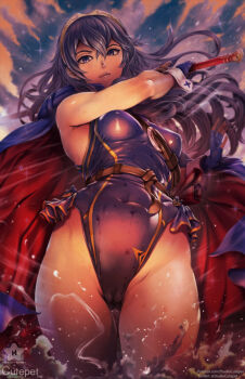 1girl breasts cutepet female_focus fire_emblem fire_emblem_awakening highres long_hair lucina_(fire_emblem) medium_breasts nintendo one-piece_swimsuit smile solo swimsuit sword water weapon