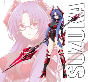 1girl absurdres ahoge armor armored_boots blue_hair boots breasts commentary_request commission fang fingerless_gloves full_body gauntlets glasses gloves high_heel_boots high_heels highres holding holding_polearm holding_weapon large_breasts leotard long_hair original oshimaru026 pixiv_commission polearm red_eyes shoulder_armor solo spear standing vampire very_long_hair weapon zoom_layer