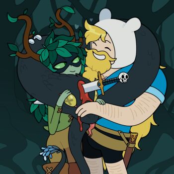 1boy 1girl adventure_time adventure_time:_fionna_and_cake antlers colored_sclera colored_skin discount-supervillain domino_mask eye_mask finn_the_human green_eyes green_hair green_sclera green_skin highres horns huntress_wizard leaf mask plant_hair