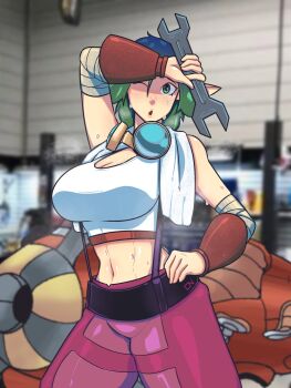 1girl arm_up armpits breasts elf green_eyes green_hair hand_on_own_hip highres jak_and_daxter keira_hagai large_breasts legs midriff naughty_dog one_eye_closed pants pointy_ears short_hair solo sony suspenders sweat tank_top thick_thighs thighs toned towel towel_around_neck