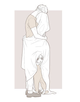 1boy 2girls :o anya_(spy_x_family) child commentary_request couple covered_face family flats full_body greyscale hetero highres hug husband_and_wife monochrome multiple_girls no_socks onesie pants shirt shoes slippers spy_x_family standing sunbo_zatta t-shirt twilight_(spy_x_family) wrapped_in_blanket yor_briar