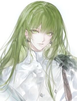 1other 8knff androgynous earrings enkidu_(celebratory_attire)_(fate) enkidu_(fate) fate/grand_order fate_(series) green_eyes green_hair hair_between_eyes highres jewelry long_hair looking_at_viewer other_focus shirt simple_background smile upper_body white_background