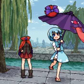 2girls @_@ animated animated_gif black_shirt blue_bow blue_eyes blue_hair blue_skirt blue_vest bow cape cloud commentary day disembodied_head dizzy fallen_down geta hair_bow heterochromia holding holding_umbrella isu_(is88) juliet_sleeves karakasa_obake long_sleeves lowres miniskirt multiple_girls no_socks open_mouth outdoors pixel_art puffy_sleeves red_cape red_eyes red_hair red_skirt river sekibanki shirt short_hair skirt sky spinning tatara_kogasa thighs tongue touhou tree umbrella vest water white_shirt willow