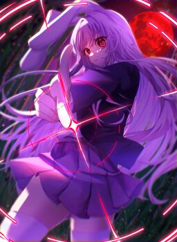 Rule 34 | 1girl, absurdres, animal ears, black jacket, commentary request, cowboy shot, hair between eyes, highres, jacket, long hair, looking at viewer, moon, parted lips, pleated skirt, pointing, pointing at viewer, purple hair, rabbit ears, red eyes, red moon, reisen udongein inaba, skirt, solo, touhou, very long hair, yoshino (q sci)