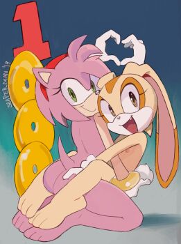 2019 2girls amy_rose animal_ears artist_name ass back barefoot bracelet closed_mouth completely_nude cream_the_rabbit eyelashes fang feet feet_together flat_chest footsies from_behind full_body furry gloves hairband heart heart_hands heart_hands_duo hedgehog_girl highres jewelry loli looking_at_viewer looking_back multiple_girls nipples nude open_mouth pink_fur pink_hair rabbit_ears red_hairband seiza short_hair short_tail sitting smile snout sonic_(series) sooperman tail toes white_gloves