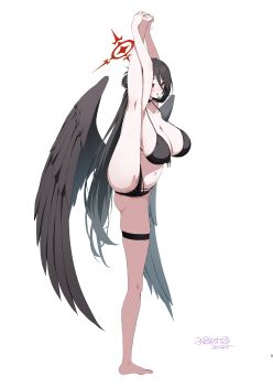 1girl absurdres barefoot bikini black_bikini black_wings blue_archive breasts commentary_request full_body halo hasumi_(blue_archive) hasumi_(swimsuit)_(blue_archive) highres huge_breasts leg_up official_alternate_costume purumetal red_eyes red_halo revision simple_background solo split standing standing_on_one_leg standing_split swimsuit thigh_strap white_background wings