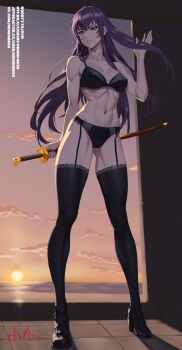 1girl black_bra black_panties black_shoes black_thighhighs blue_eyes boosty_username bow bow_bra bra breasts busujima_saeko closed_mouth collarbone dvb evening from_inside full_body garter_straps gluteal_fold hand_up highres highschool_of_the_dead holding holding_behind_back holding_sword holding_weapon horizon katana long_hair medium_breasts navel ocean panties purple_hair shoes signature sky solo standing sun sunset sword thighhighs underwear underwear_only weapon