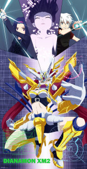 Rule 34 | 1boy, 1girl, alternate form, alternate universe, armor, armored gloves, armpits, arms at sides, biomerge, breasts, closed eyes, collarbone, completely nude, convenient censoring, cosplay, determined, dianamon, digimon, digimon (creature), digimon tamers, digimon xros wars, digivice, energy, epic, eyelashes, female focus, flat chest, floating hair, fusion, hair ornament, highres, looking at viewer, magnamon, mask, matrix evolution, medium hair, mervamon, mervamon (cosplay), mouth mask, navel, neck, no nipples, nude, open mouth, original, out-of-frame censoring, parted lips, purple eyes, purple hair, purple theme, shouting, sidelocks, small breasts, topless female, transformation, unworn clothes, v-shaped eyebrows, white hair