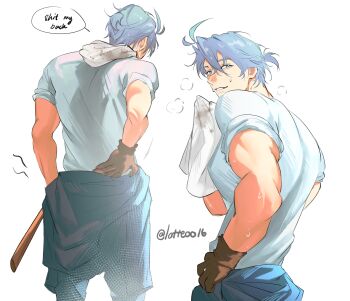 1boy absurdres antenna_hair biceps blue_eyes blue_hair brown_gloves clothes_around_waist english_text from_behind gloves hashtag-only_commentary highres holding holding_towel honkai:_star_rail honkai_(series) jacket jacket_around_waist latteoo16 looking_at_viewer looking_back male_focus multiple_views muscular muscular_male phainon_(honkai:_star_rail) puff_of_air shirt short_hair speech_bubble sweat teeth towel towel_around_neck twitter_username wet wet_clothes wet_shirt
