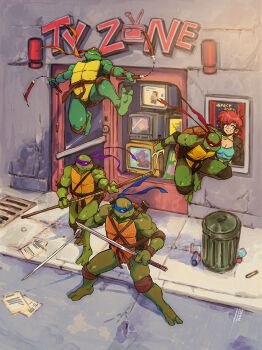 1990s_(style) 4boys absurdres bald barefoot belt black_belt brothers brown_belt cameo colored_skin commentary crt david_liu domino_mask donatello_(tmnt) dual_wielding elbow_pads english_commentary eye_mask fewer_digits full_body furry furry_male green_skin highres holding holding_nunchaku holding_staff holding_sword holding_weapon jumping katana knee_pads leonardo_(tmnt) male_focus maria_(space_maria) martial_arts_belt mask michelangelo_(tmnt) multiple_boys muscular muscular_male nunchaku poster_(object) quadruplets raphael_(tmnt) retro_artstyle sai_(weapon) siblings space_maria staff sword teenage_mutant_ninja_turtles teenage_mutant_ninja_turtles_(2003) television toes turtle weapon wooden_staff