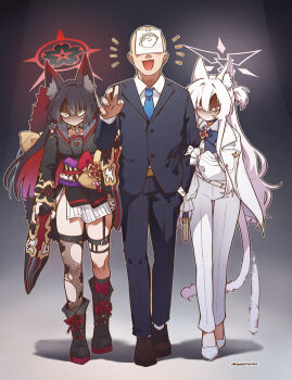 1boy 2girls akira_(blue_archive) animal_ear_fluff animal_ears bald black_boots black_hair black_jacket black_kimono black_pants black_thighhighs blue_archive blue_necktie boots brown_shoes cat_ears cat_girl cat_tail collared_shirt colored_inner_hair doodle_sensei_(blue_archive) floral_print floral_print_kimono fox_ears fox_girl fox_tail gloves grey_sailor_collar hair_between_eyes half_updo halo hand_in_pocket highres holding_another&#039;s_arm jacket jacket_on_shoulders japanese_clothes kimono knee_boots kneehighs long_hair mountain_han multicolored_hair multiple_girls necktie obi open_mouth pants pink_eyes pink_halo pink_socks print_kimono purple_sash red_hair red_halo sailor_collar sash sensei_(blue_archive) shaded_face shirt shoes side_slit sidelocks single_kneehigh single_sock single_thighhigh skirt slit_pupils socks tail thigh_strap thighhighs torn_clothes torn_thighhighs two-tone_hair wakamo_(blue_archive) white_gloves white_hair white_jacket white_pants white_shirt white_shoes white_skirt yellow_eyes