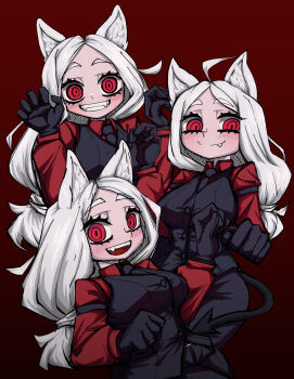 3girls absurdres beolkkulcheese boots cerberus_(helltaker) demon_girl formal_clothes helltaker highres knee_boots long_hair looking_at_viewer multiple_girls pants red_background suit tail triplets white_hair