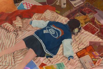 1girl 2025 artist_name cassette_player cassette_tape commentary computer headphones highres laptop lying on_bed on_stomach original short_hair skirt solo wooden_stool xilmo